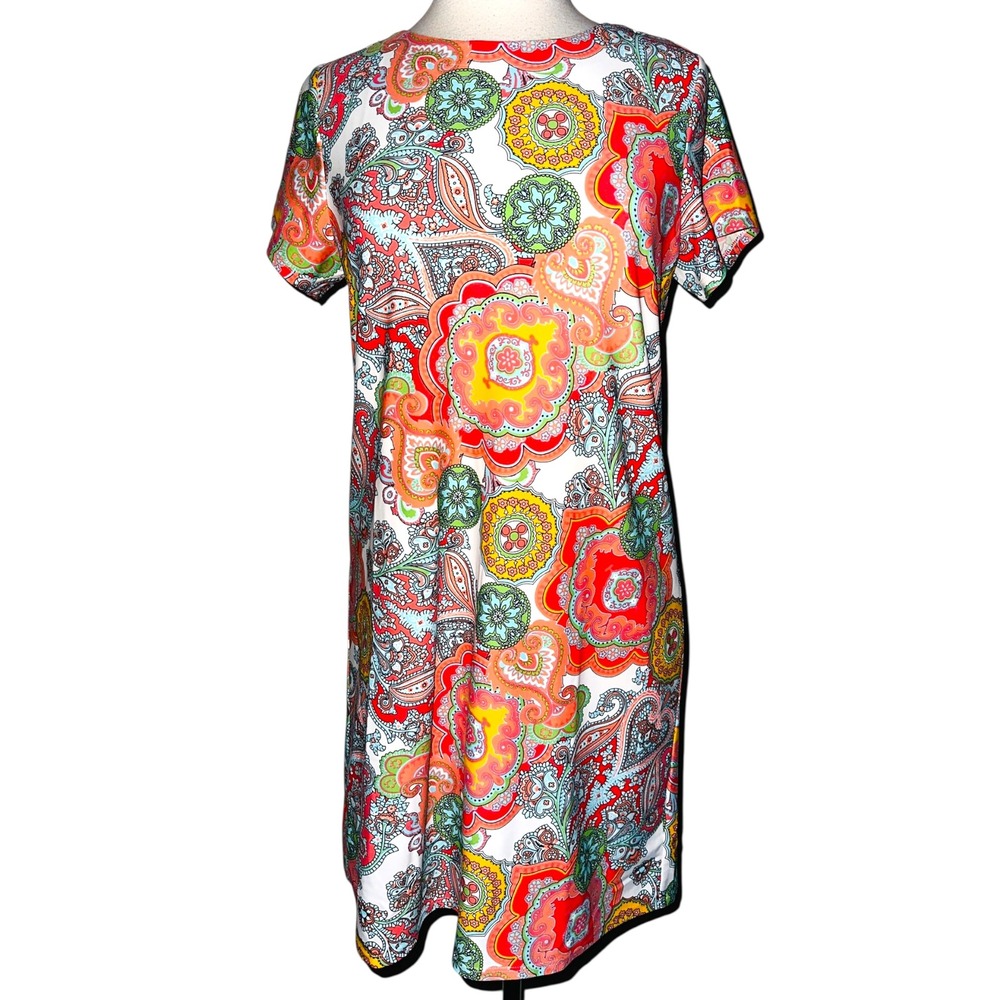 WB6 Jude Connally Colorful Paisley Print Shift Dress Short Sleeve Made in USA S